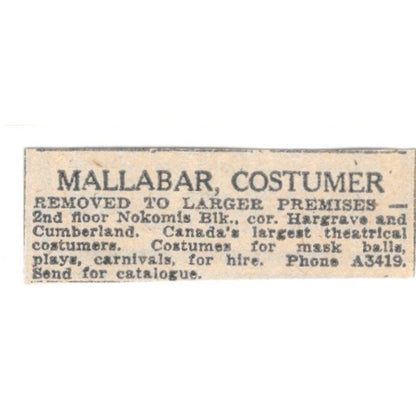 Mallabar Costumer Hargrave & Cumberland Winnipeg 1920 Ad AG2-S3