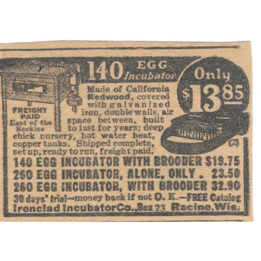 Ironclad Incubator Co Racine WI Egg Incubators 1923 Magazine Ad Clip AE1-6