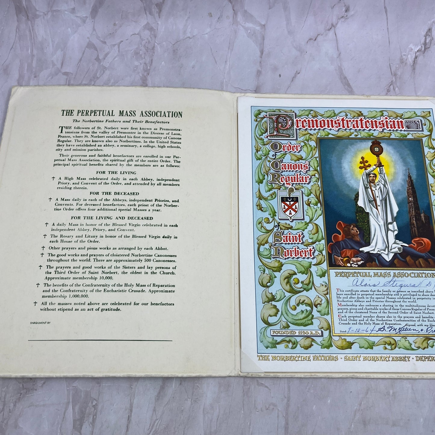 1964 Perpetual Mass Association Enrollment Certificate Depere Wisconsin TA9-E1