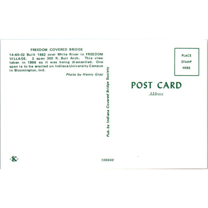 White River Freedom Village Freedom Bloomington IN Covered Bridge Postcard PB10