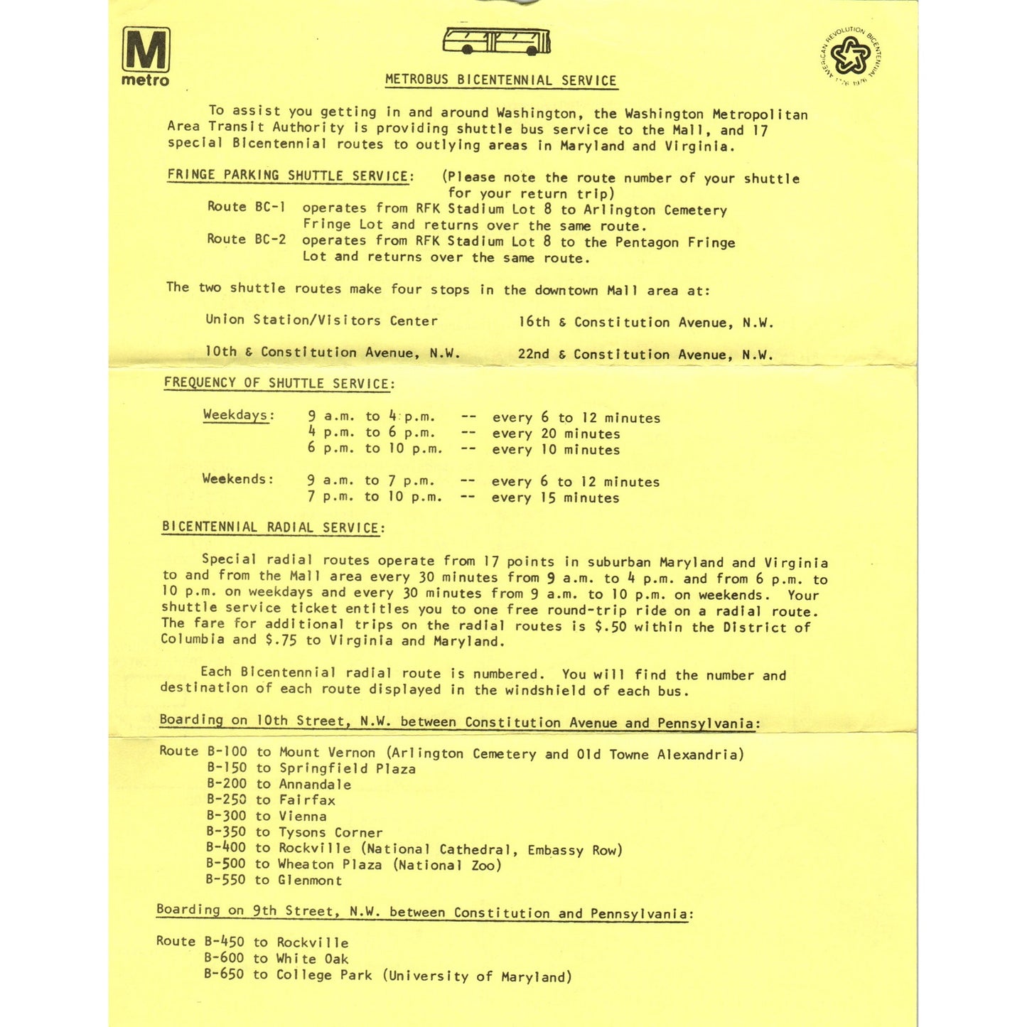 1976 Washington DC Metrobus Bicentennial Service Travel Info Leaflet TF4-BC