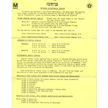 1976 Washington DC Metrobus Bicentennial Service Travel Info Leaflet TF4-BC