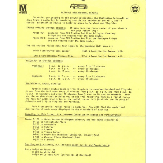 1976 Washington DC Metrobus Bicentennial Service Travel Info Leaflet TF4-BC