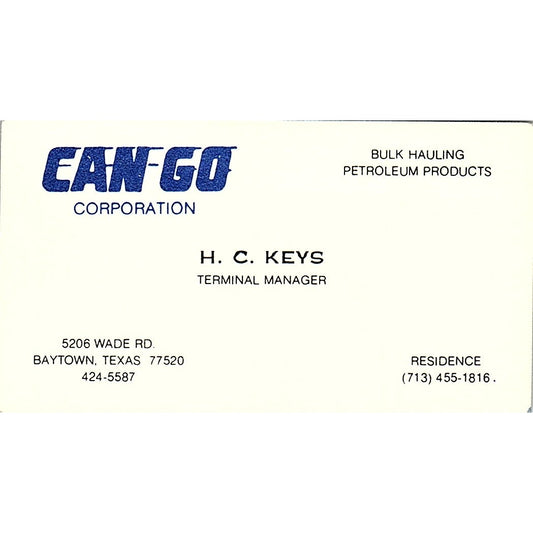 Can-Go Corporation H.C. Keys Baytown Texas Vintage Business Card SB4-B5