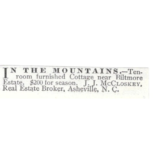 Biltmore Estate 10 Room Cottage J.J. McCloskey Asheville NC 1903 Ad AF8-S45