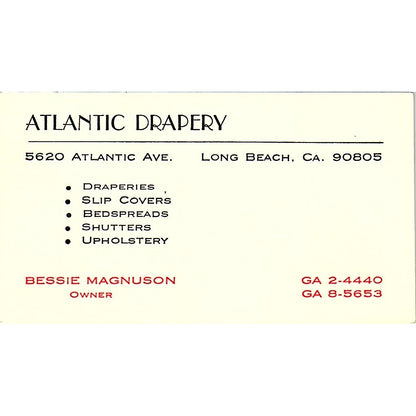 Atlantic Drapery Bessie Magnuson Atlantic AVE Long Beach CA Business Card SF3-B6