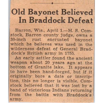 General Braddock Bayonet Barron WI 1935 Minneapolis Journal Article AE7-N6