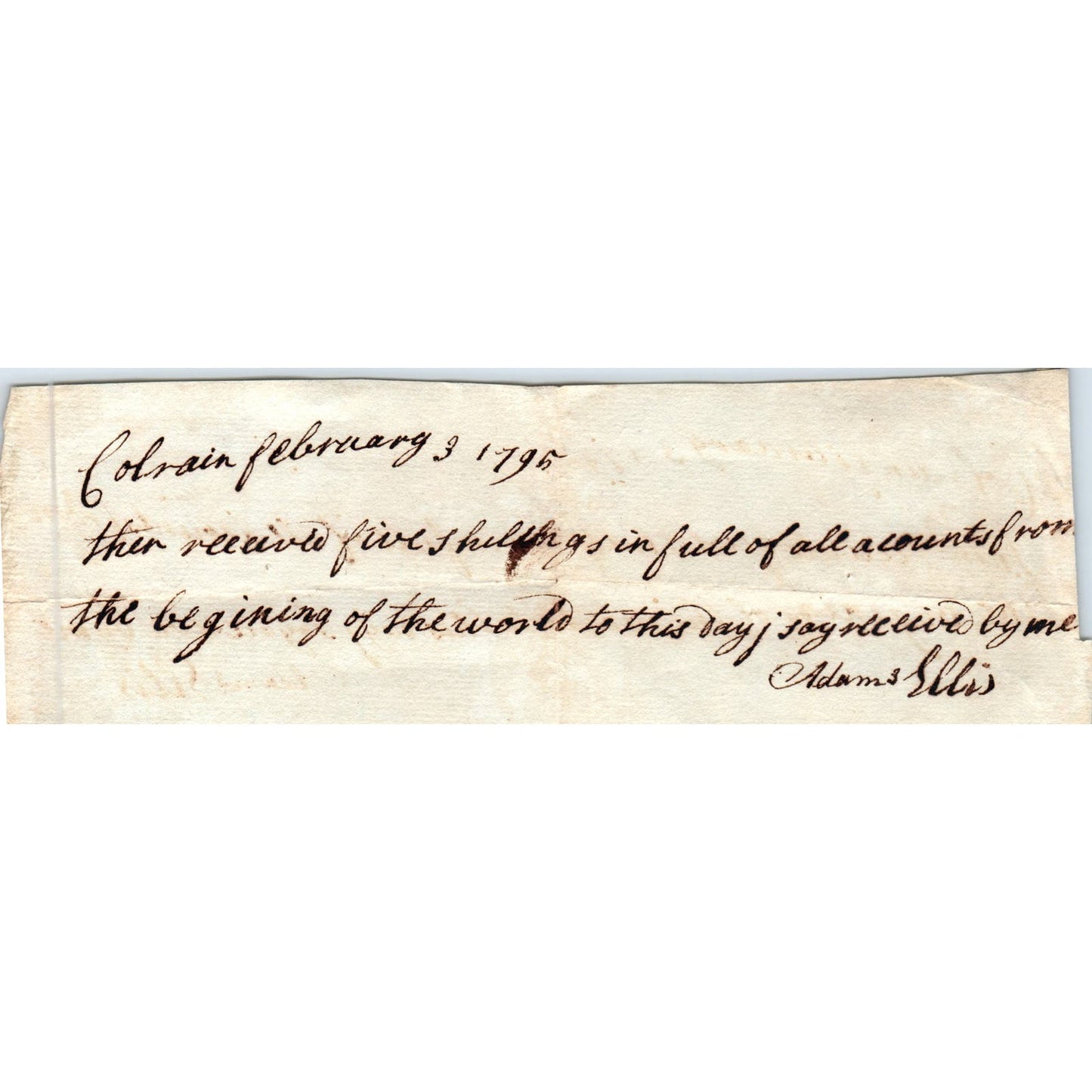 1795 Handwritten Receipt Colrain Massachusetts Adam Ellis AE6-03