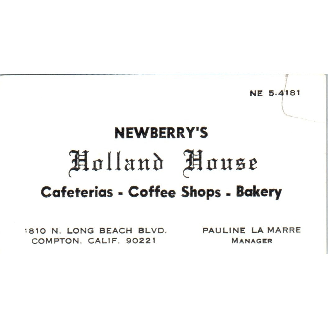 Newberry's Holland House Pauline La Marre Compton CA Vtg Business Card SD8-B7