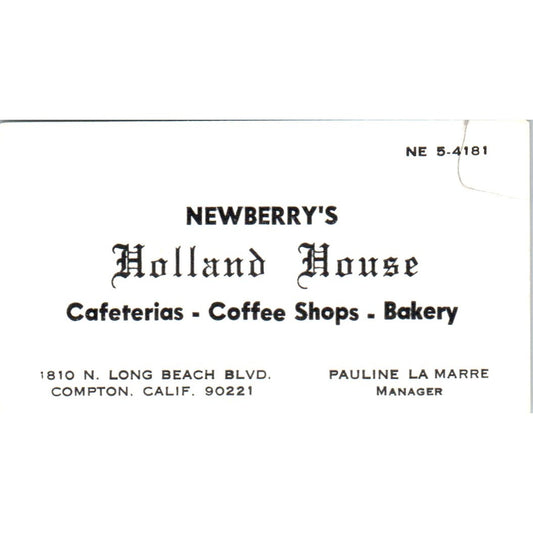 Newberry's Holland House Pauline La Marre Compton CA Vtg Business Card SD8-B7