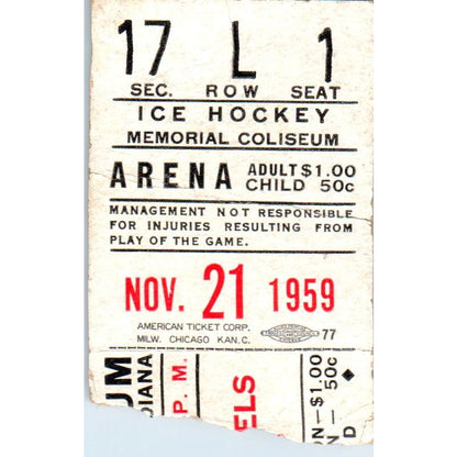 1959 Nov 21 Memorial Coliseum Fort Wayne Komets Ice Hockey Game Stub AB9