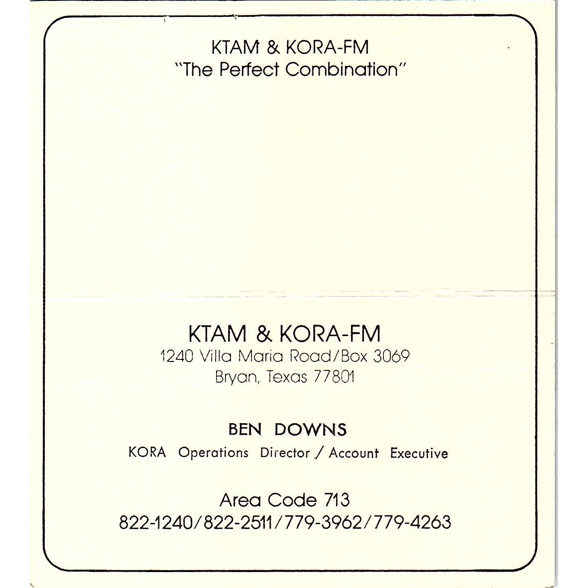 KTAM & KORA-FM Ben Downs Bryan TX Vintage Business Card SSB4-B12