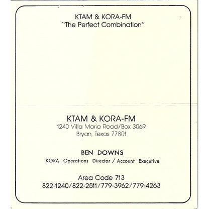 KTAM & KORA-FM Ben Downs Bryan TX Vintage Business Card SSB4-B12