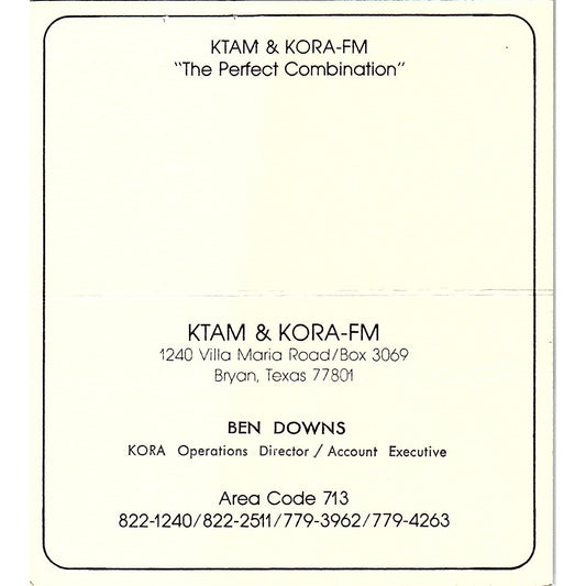 KTAM & KORA-FM Ben Downs Bryan TX Vintage Business Card SSB4-B12