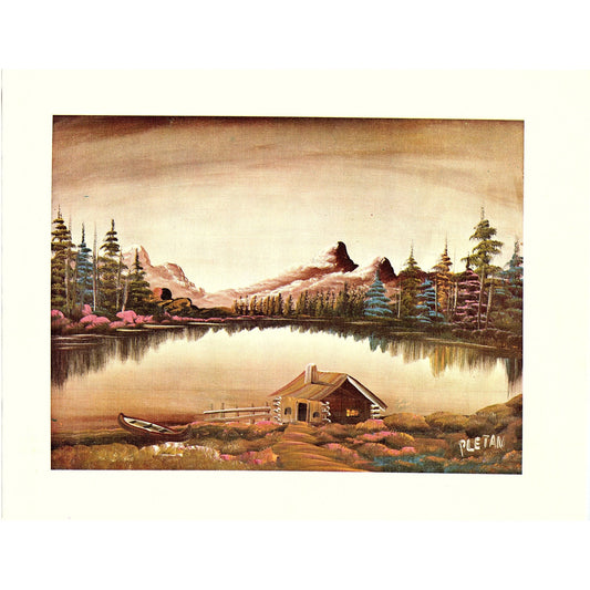 Retro Kitsch MCM Cabin Lake Mountain Scene - Pletan Vintage Art Print 8.5x11 V5