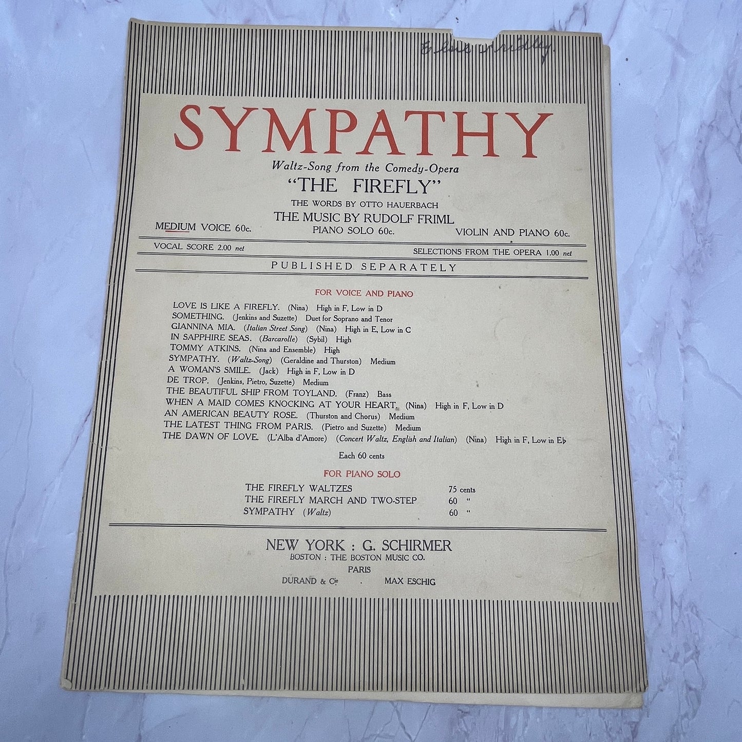 Sympathy Waltz From the Firefly Otto Hauerbach 1912 Sheet Music V15