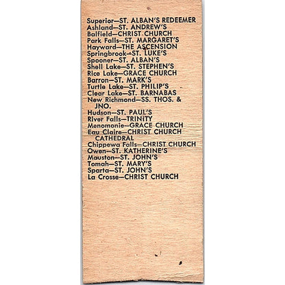 Parrish Churches Episcopal Church Diocese Eau Claire WI Matchbook Cover SE5-Y2