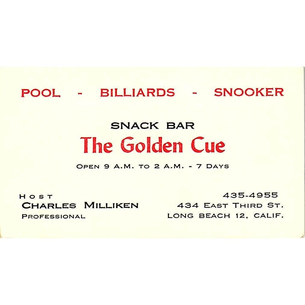 the Golden Cue Snack Bar Charles Milliken Long Beach Vtg Business Card SD9-B5