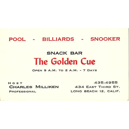 the Golden Cue Snack Bar Charles Milliken Long Beach Vtg Business Card SD9-B5