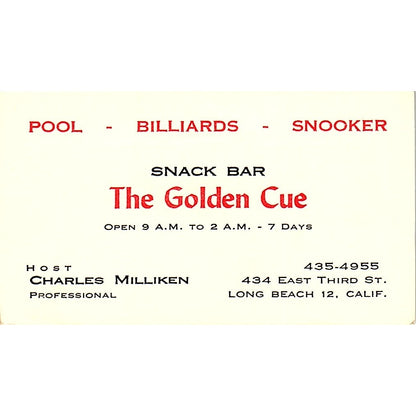 The Golden Cue Snack Bar Charles Milliken Long Beach Vtg Business Card SD9-B5