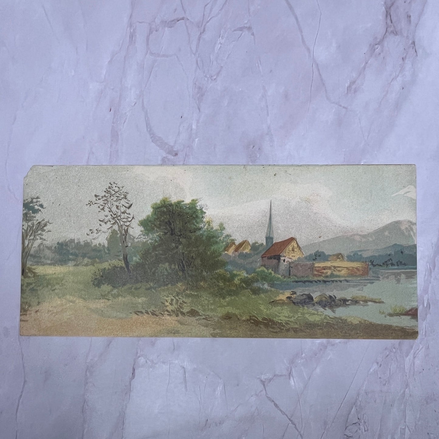 Antique c1920s Original Oil Painting Country Church Steeple Lake Mountains V18