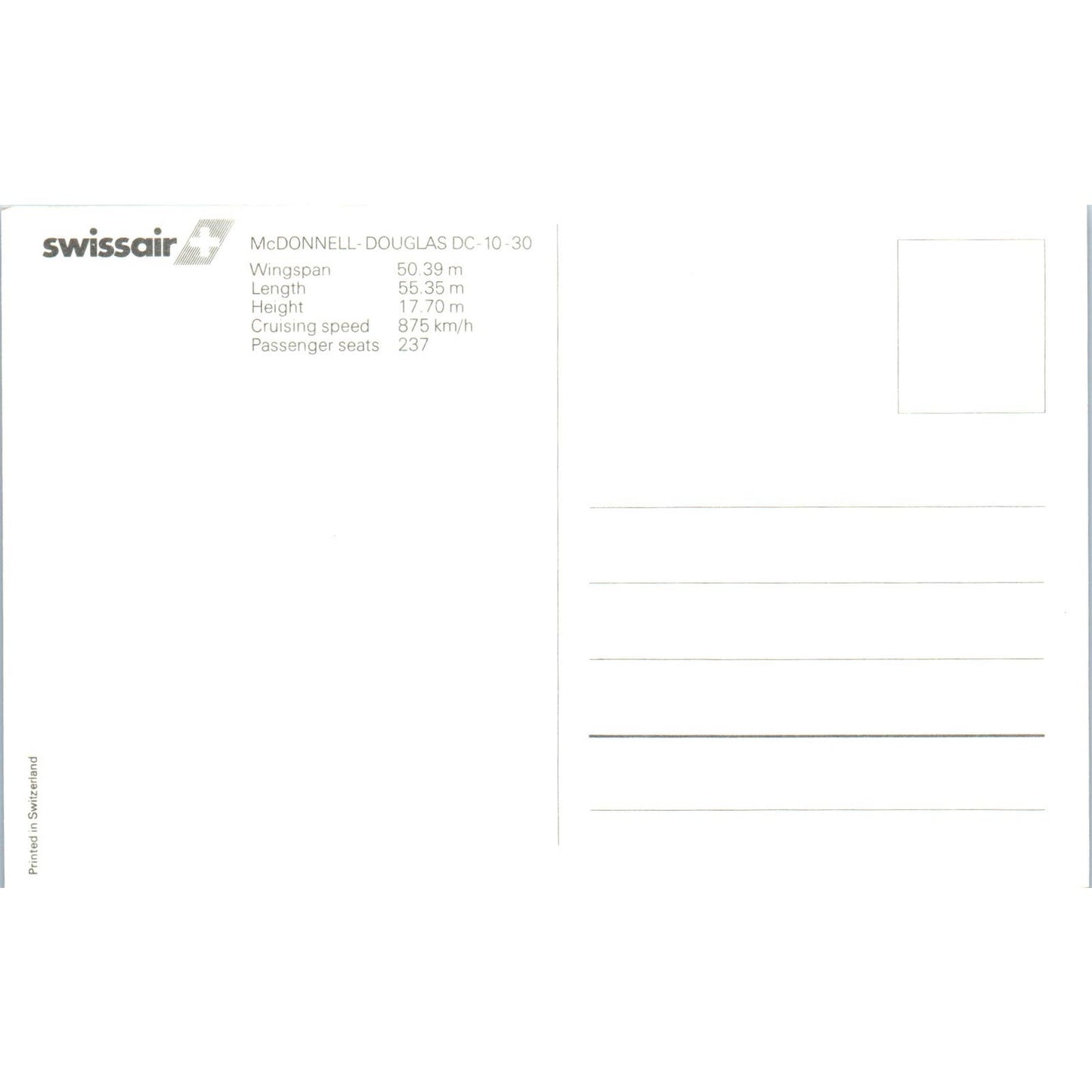 Swiss Air McDonnell Douglas DC-10-30 Vintage Postcard PC19