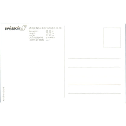 Swiss Air McDonnell Douglas DC-10-30 Vintage Postcard PC19