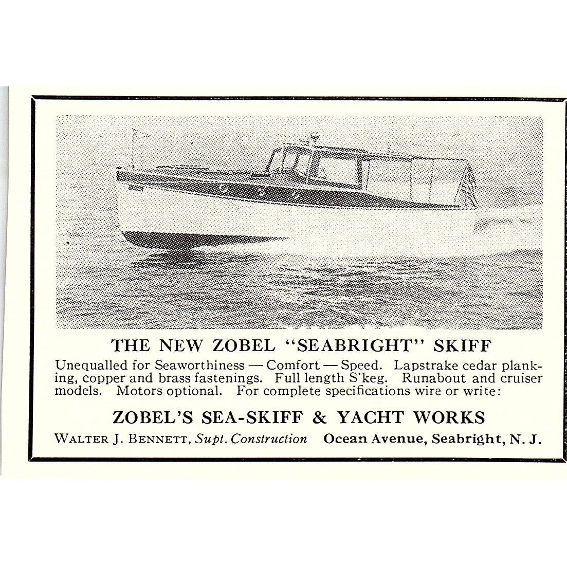 Zobel's Sea-Skiff & Yacht Works Walter J Bennett Seabright NJ 1932 Ad AG2-M18