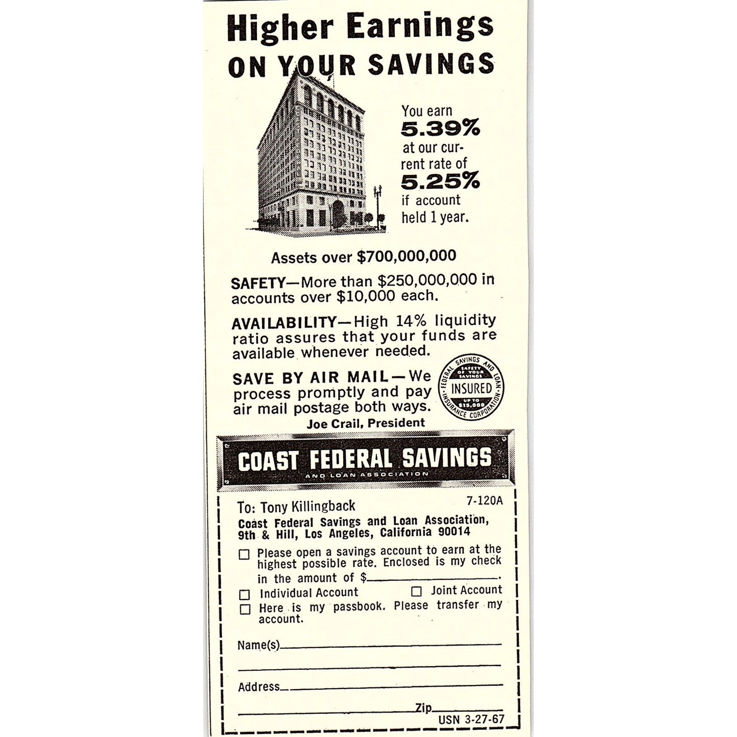 Tony Killingback Coast Federal Savings and Loan Los Angeles CA 1967 Ad AG1-M5