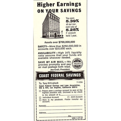 Tony Killingback Coast Federal Savings and Loan Los Angeles CA 1967 Ad AG1-M5