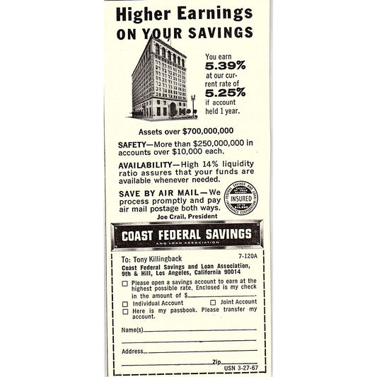 Tony Killingback Coast Federal Savings and Loan Los Angeles CA 1967 Ad AG1-M5