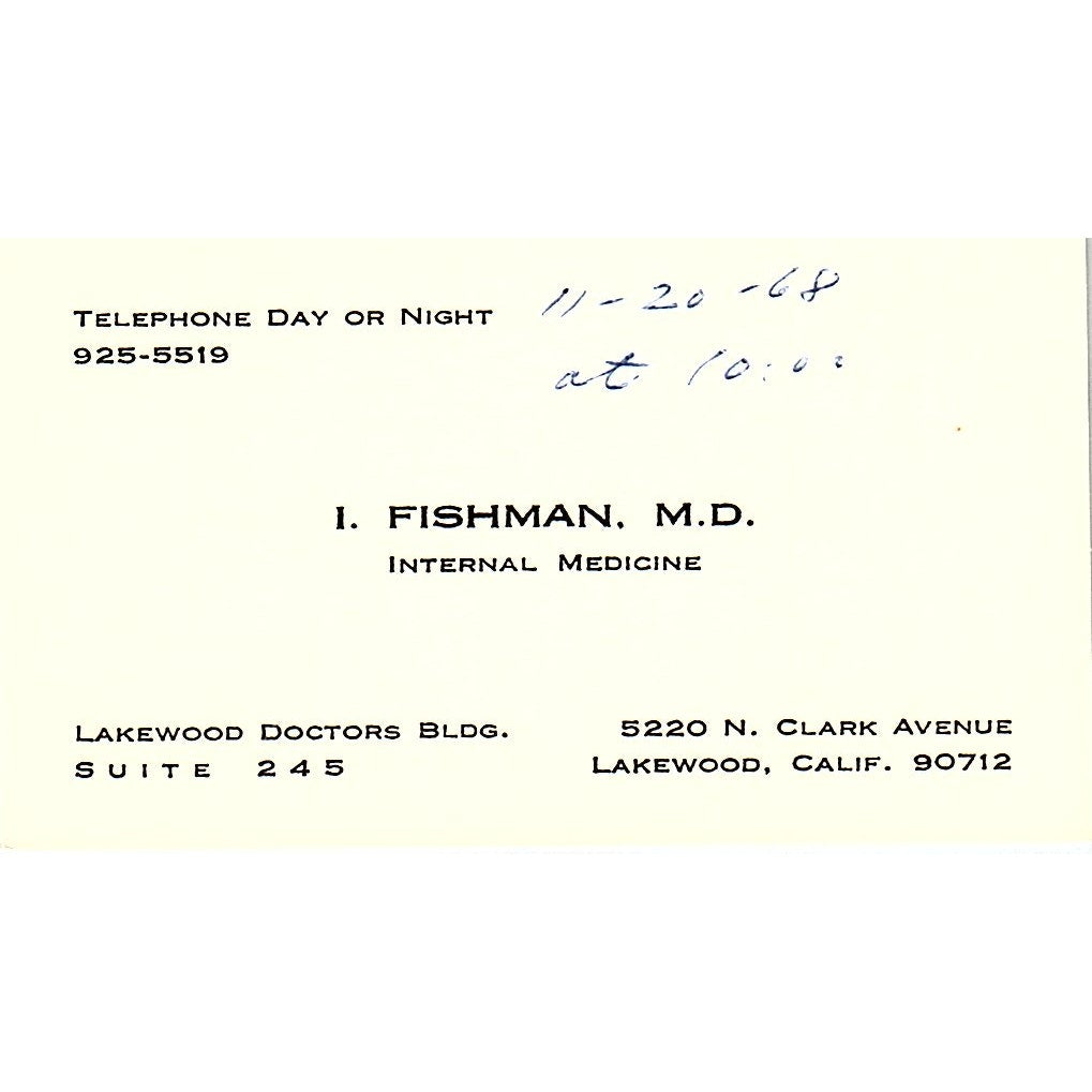 I. Fishman Internal Medicine Lakewood CA Vintage Business Card SB4-B1