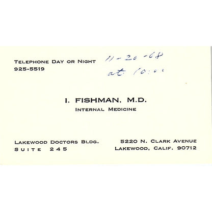 I. Fishman Internal Medicine Lakewood CA Vintage Business Card SB4-B1