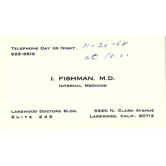 I. Fishman Internal Medicine Lakewood CA Vintage Business Card SB4-B1