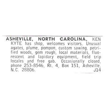 Ken Kyte Lapidary Supply Asheville North Carolina 1972 Ad AF8-S24