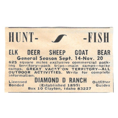 Diamond D Ranch Hunt-Fish Clayton Idaho 1977 Ad AF6-S2