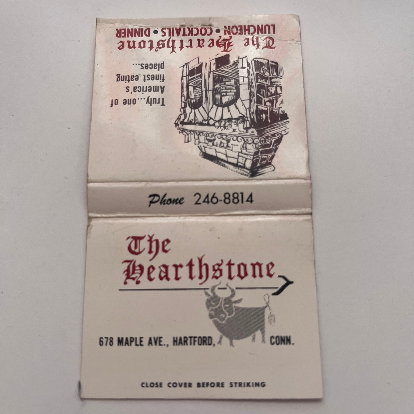 The Hearthstone Restaurant Maple Ave Hartford Vintage Matchbook Cover TB8-MB-3