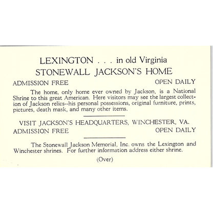 Lexington in Old Virginia Jackson's Home Winchester VA Vintage Leaflet TH2-TB3