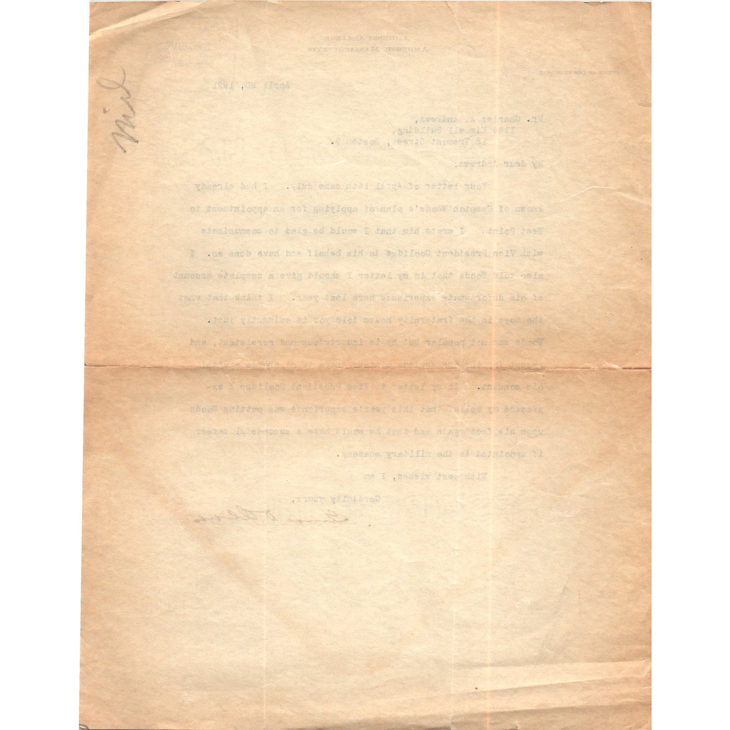 1921 Amherst College Letterhead to Mr. Charles A. Andrews D18