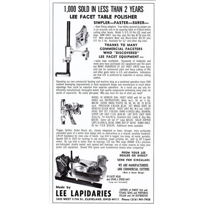 Lee Lapidaries Lee Facet Table Polisher Cleveland OH 1972 Ad AF8-2