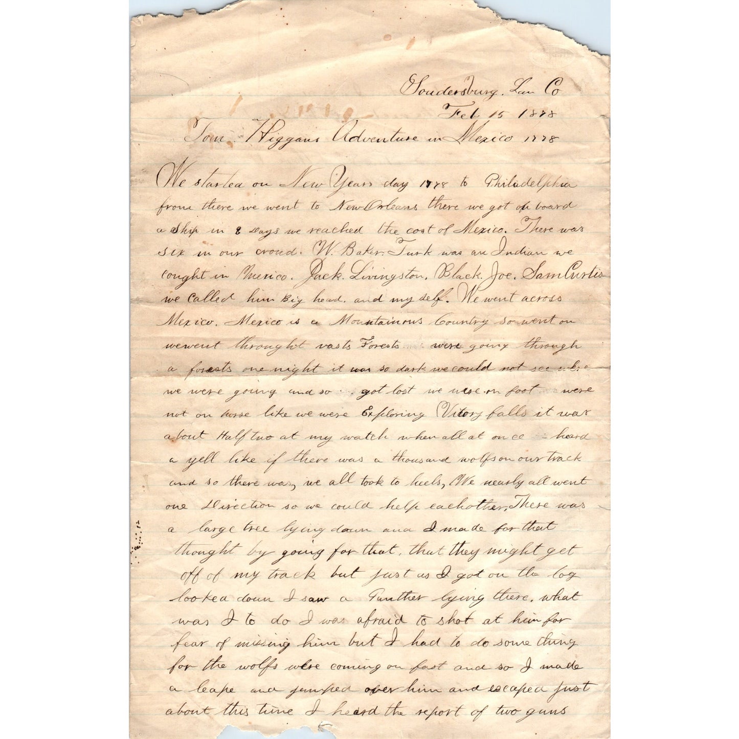 1878 Handwritten Letter Tom Higgins Adventure in Mexico - Soudersburg PA D20