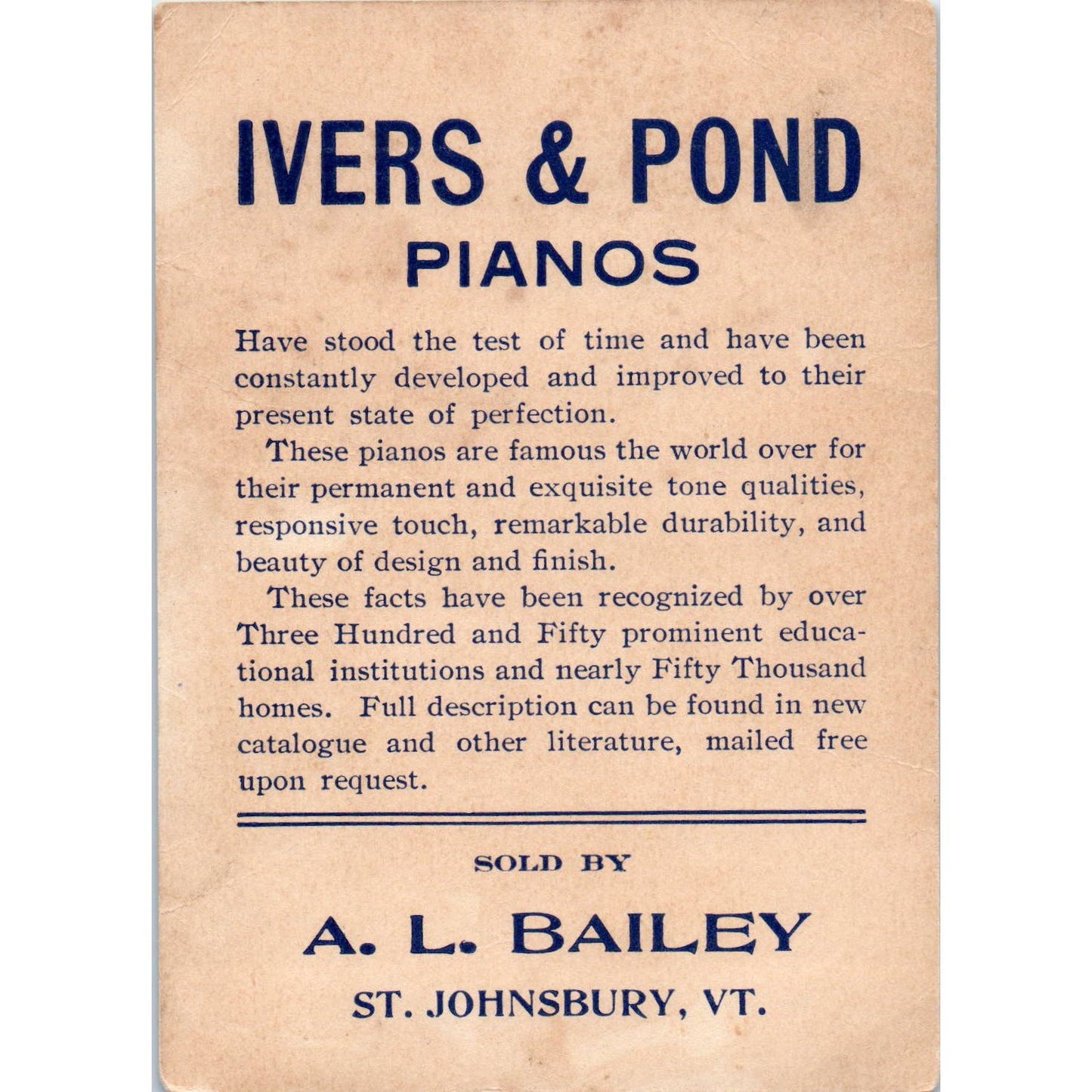 Ivers & Pond Pianos A.L. Bailey St. Johnsbury VT c1880 Victorian Trade Card AE2