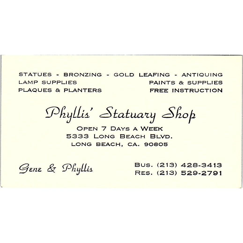 Gene & Phyllis Statuary Shop Long Beach CA Vintage Business Card SD9-B5