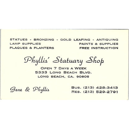 Gene & Phyllis Statuary Shop Long Beach CA Vintage Business Card SD9-B5