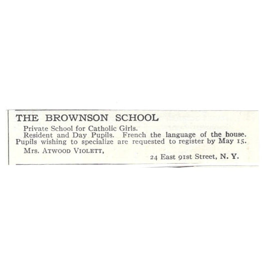 Brownson School for Girls Mrs. Atwood Violett NY c1918 Advertisement AE5-SA7