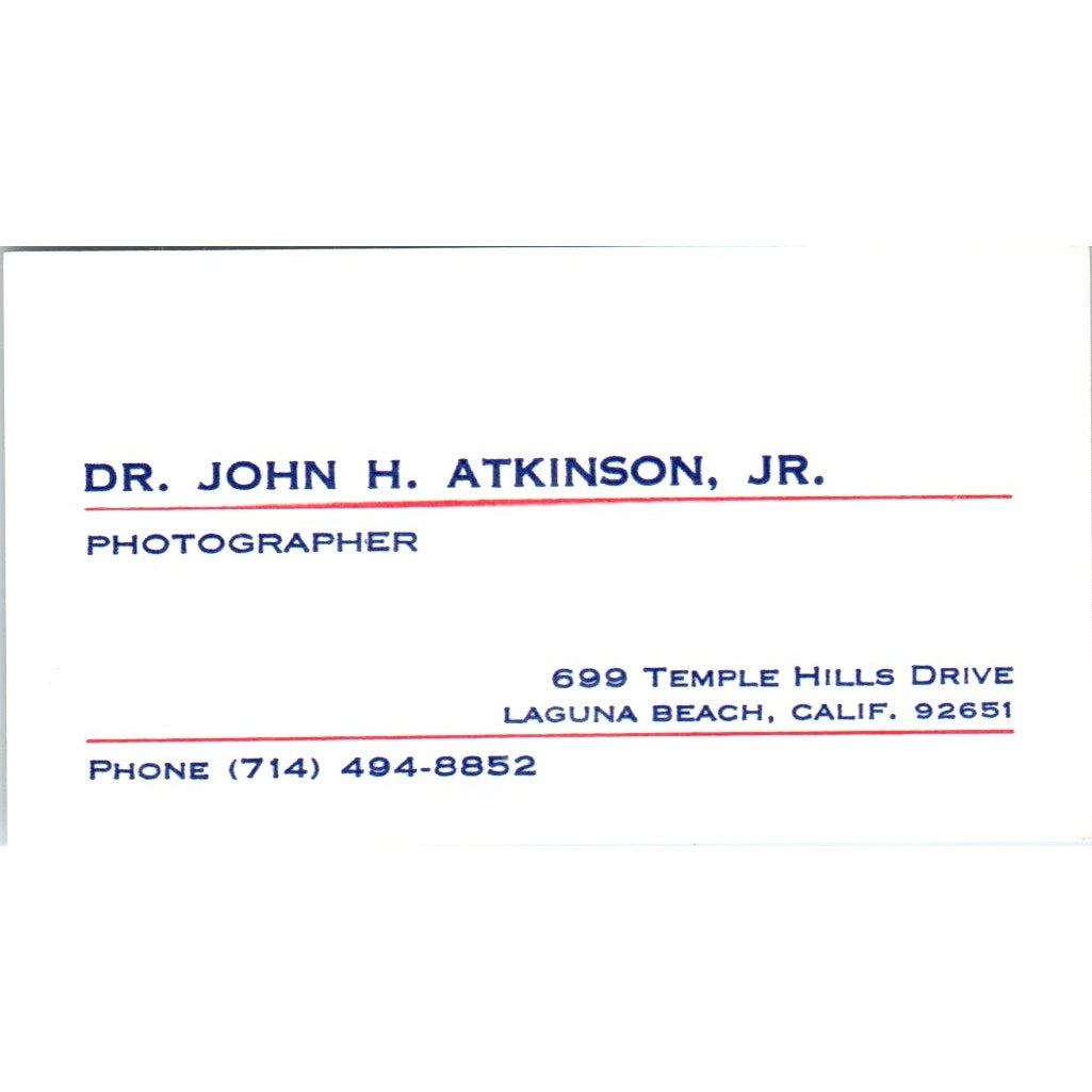 Dr John H Atkinson Jr Photographer Laguna Beach CA Vintage Business Card SD8-B17