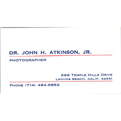 Dr John H Atkinson Jr Photographer Laguna Beach CA Vintage Business Card SD8-B17