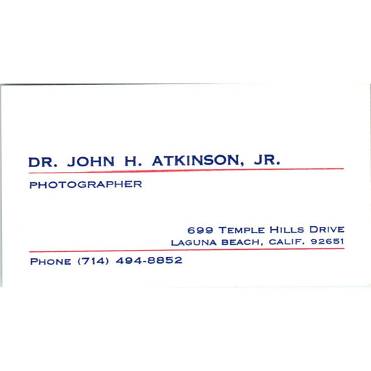 Dr John H Atkinson Jr Photographer Laguna Beach CA Vintage Business Card SD8-B17