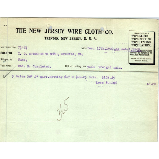 1908 The New Jersey Wire Cloth Co Trenton NJ Letterhead Billhead Receipt D11