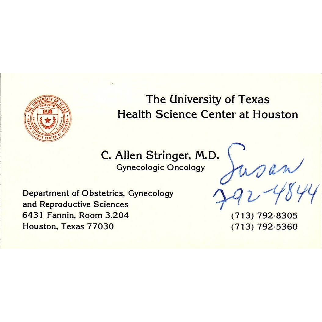 The University of Texas, C. Allen Stringer, Houston, Texas Business Card SF3-B9